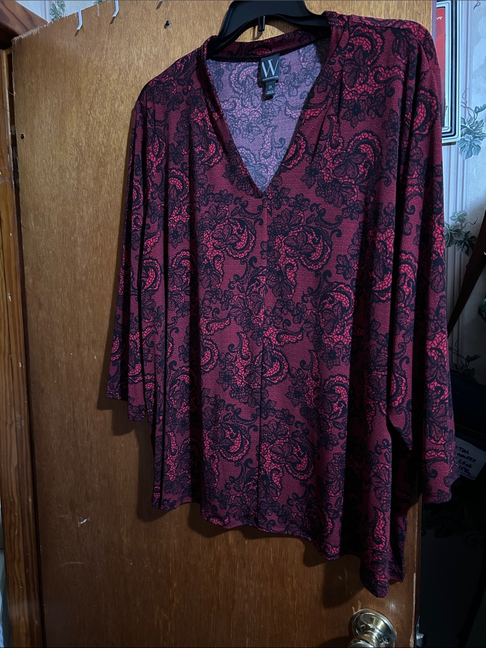 Worthington Red and Black Paisley V-Neck Tunic Top